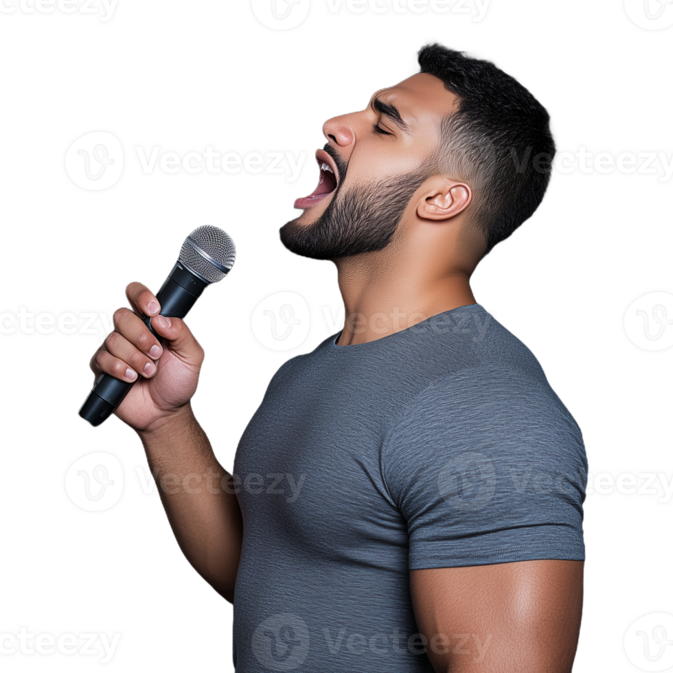 Man singing passionately into a microphone on a transparent background png