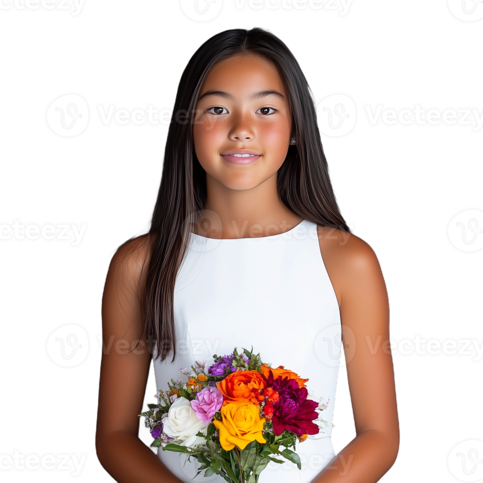 Young girl holding a bouquet of colorful flowers while smiling on a transparent background png