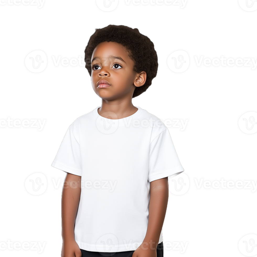 Little boy looking up thoughtfully while wearing a white tshirt on a transparent background png