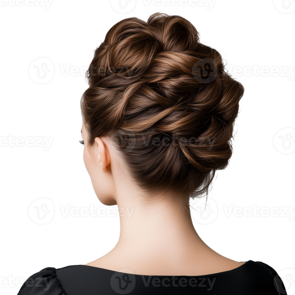 Back view of a woman with an intricate braided updo on a transparent background png
