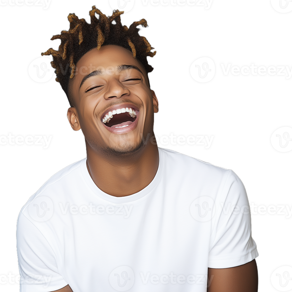 Young man laughing joyfully while wearing a white tshirt on a transparent background png