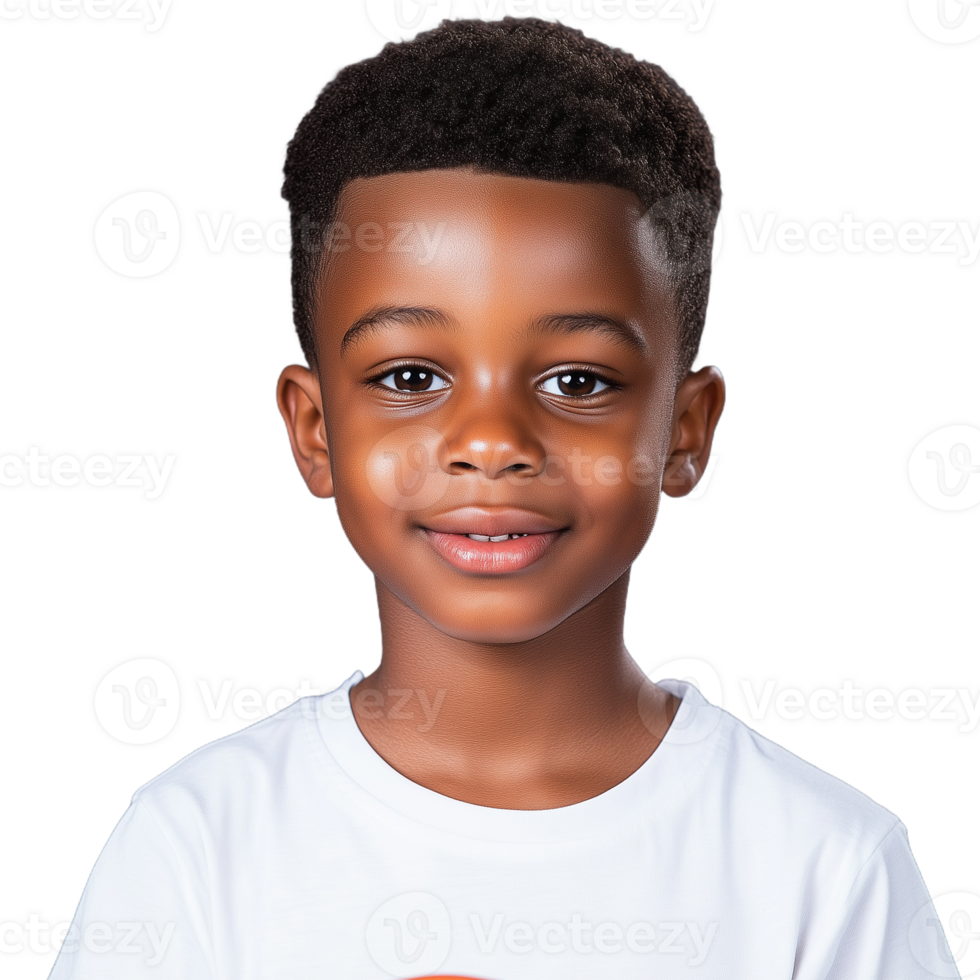 Smiling young boy with short hair wearing a white tshirt on a transparent background png