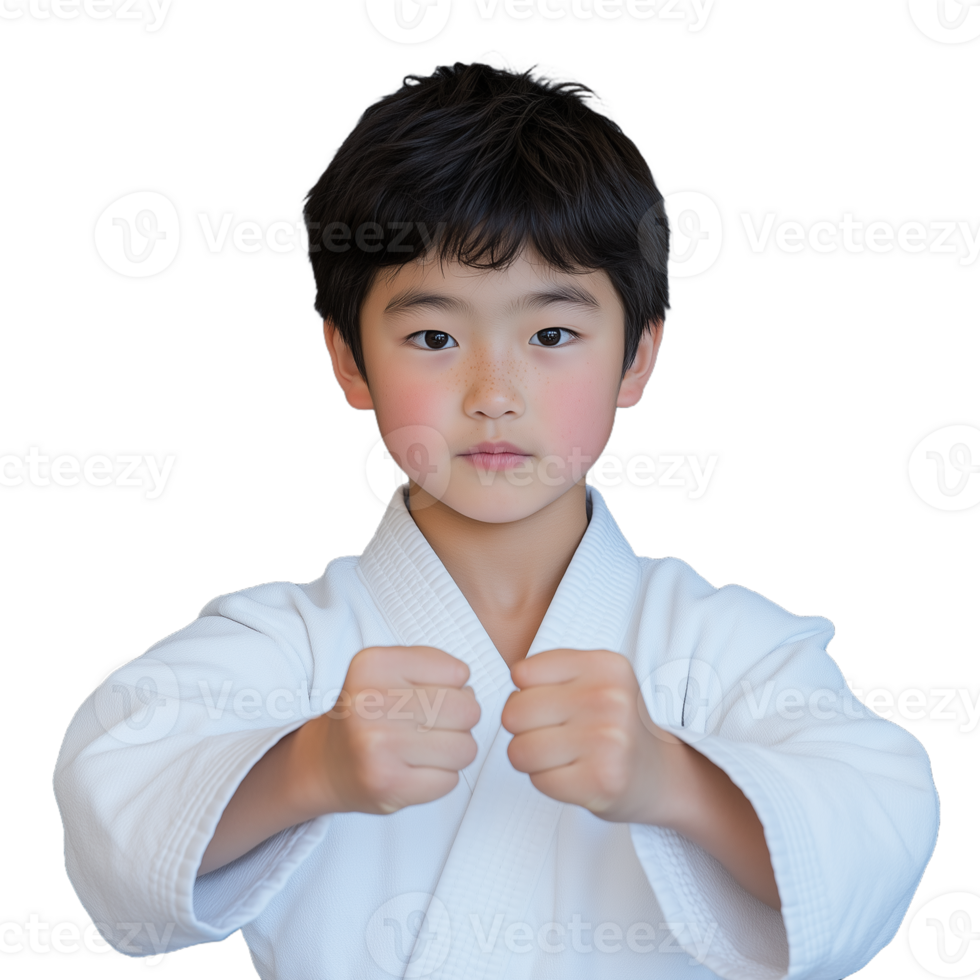 Young boy in a karate uniform showing his fists confidently on a transparent background png