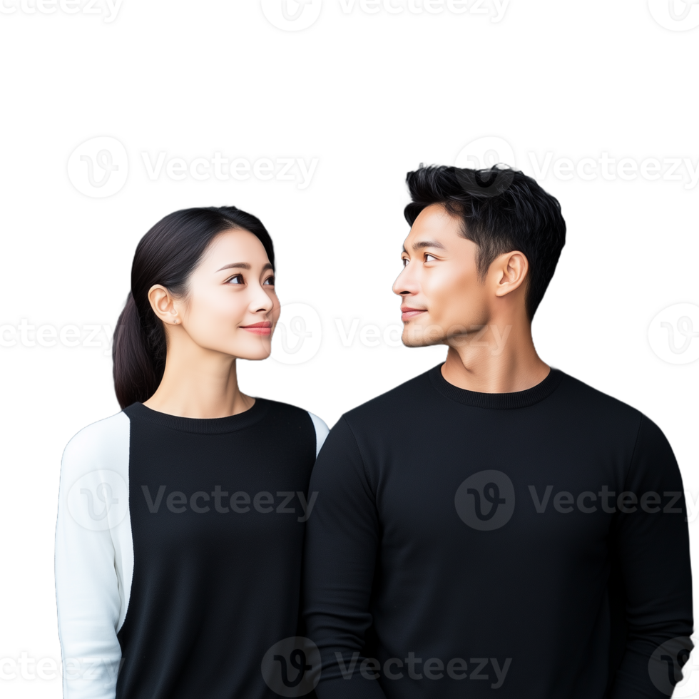 Couple standing side by side, looking at each other with smiles on a transparent background png