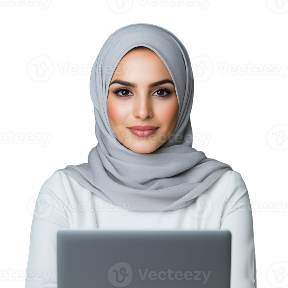 Woman in a light gray hijab working on a laptop on a transparent background png