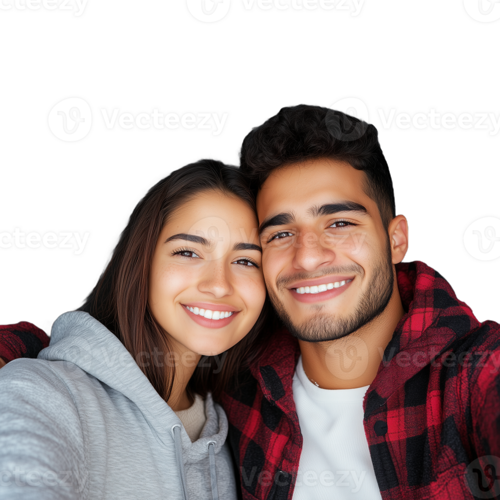 Smiling couple taking a selfie together while wearing casual clothes on a transparent background png