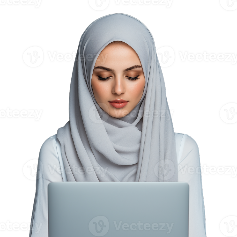 Woman wearing a light gray hijab while working on a laptop on a transparent background png