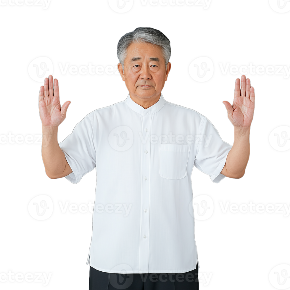 Elderly man standing with raised hands in a meditative pose on a transparent background png