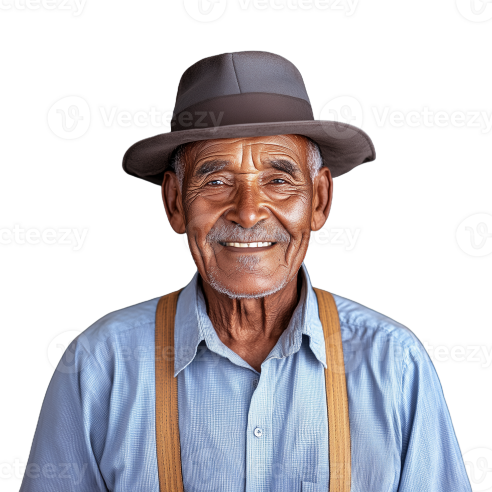 Elderly man in a gray hat and suspenders smiling warmly on a transparent background png
