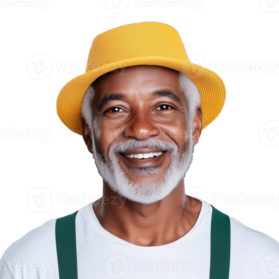 Smiling elderly man in a yellow hat and suspenders on a transparent background png
