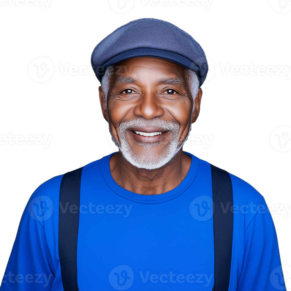 Elderly man in a blue shirt and hat smiling happily on a transparent background png