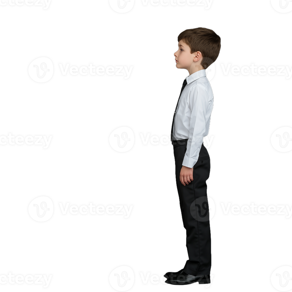 Side view of a young boy in a formal shirt and bowtie standing confidently on a transparent background png