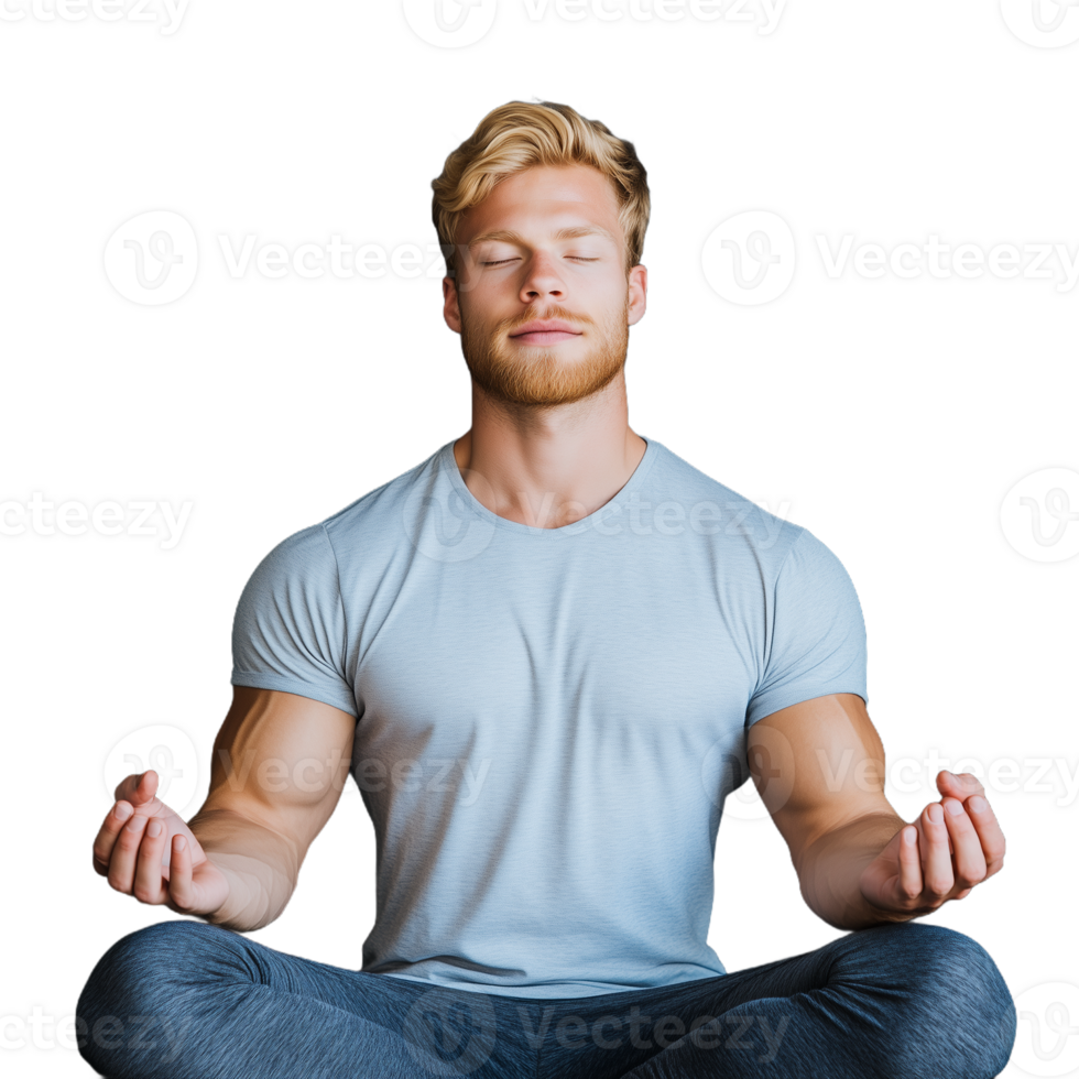 Young man sitting in a meditative pose with hands in mudra gesture on a transparent background png