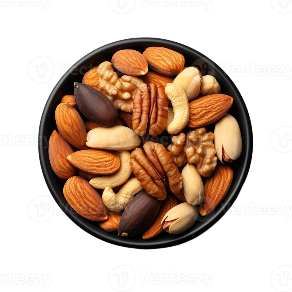 A bowl filled with assorted nuts including almonds and walnuts on a transparent background png