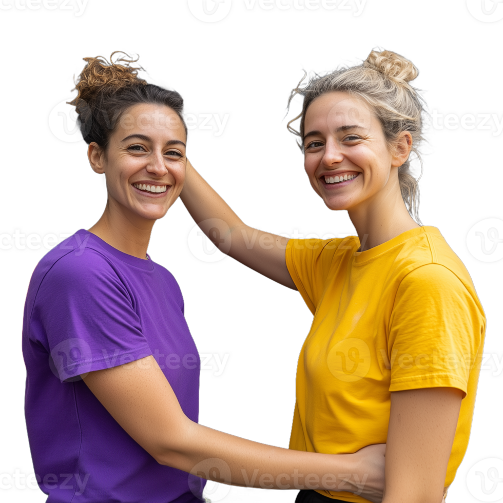 Two smiling women in colorful tshirts hugging each other on a transparent background png