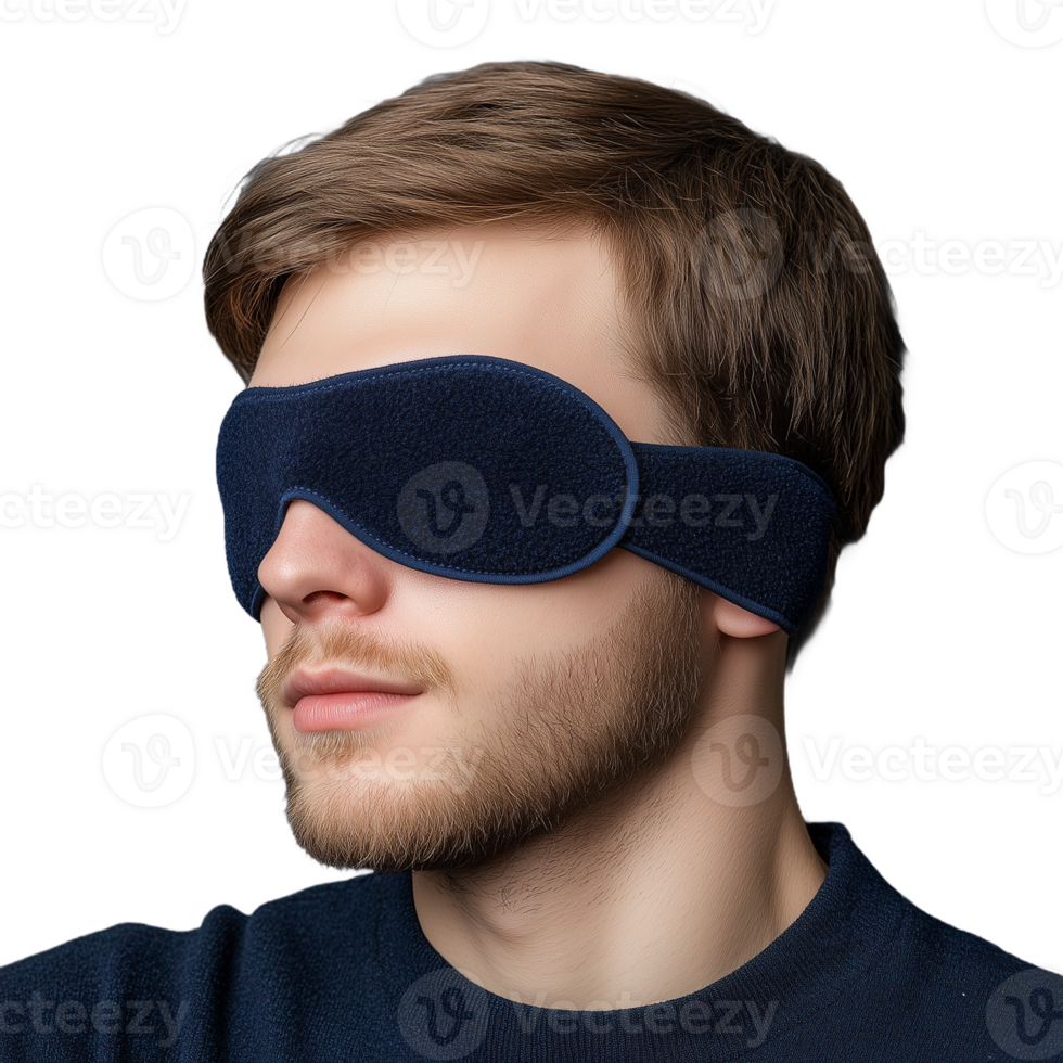 Man with a navy blue sleep mask covering his eyes on a transparent background png