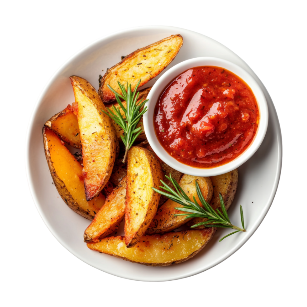 Fried potato wedges with tomato sauce on a white plate png