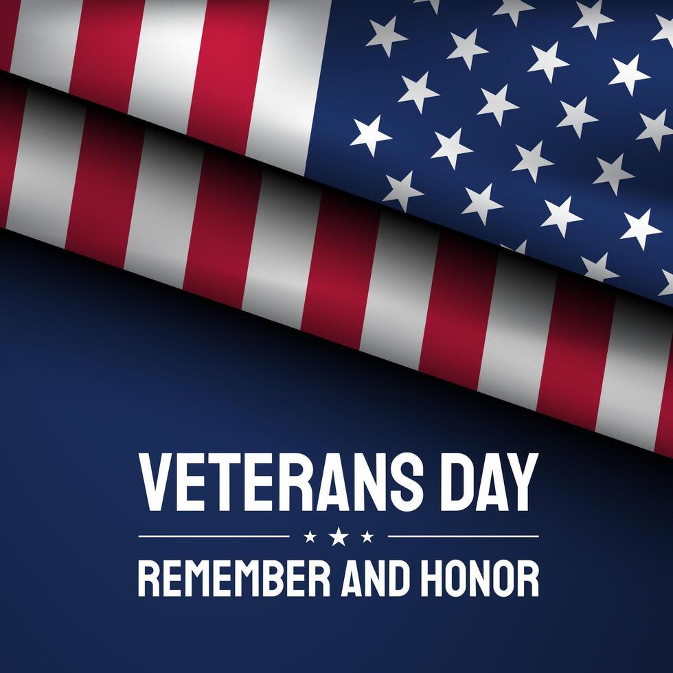 Veterans Day Greeting Card with American flag on blue background. vector