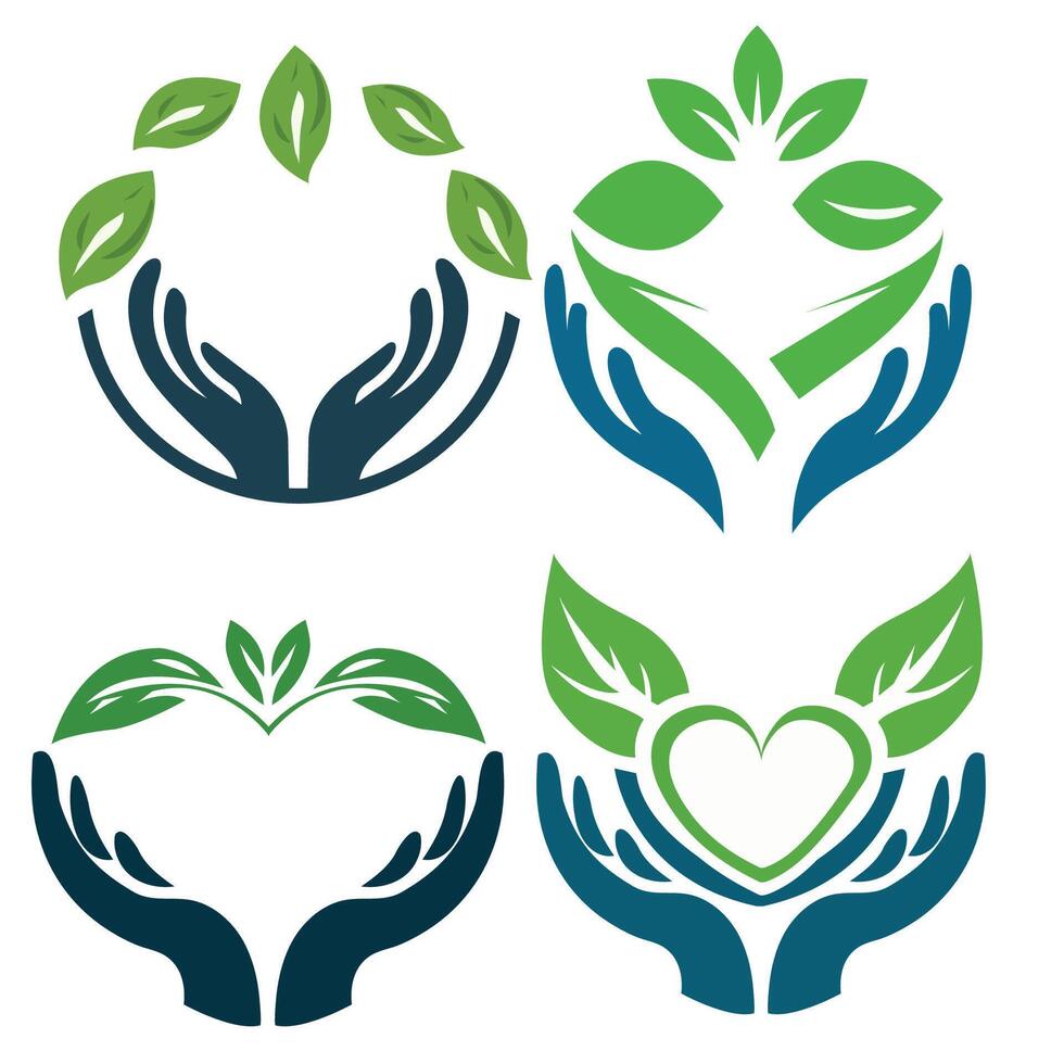 Four hands holding leaves and heart vector