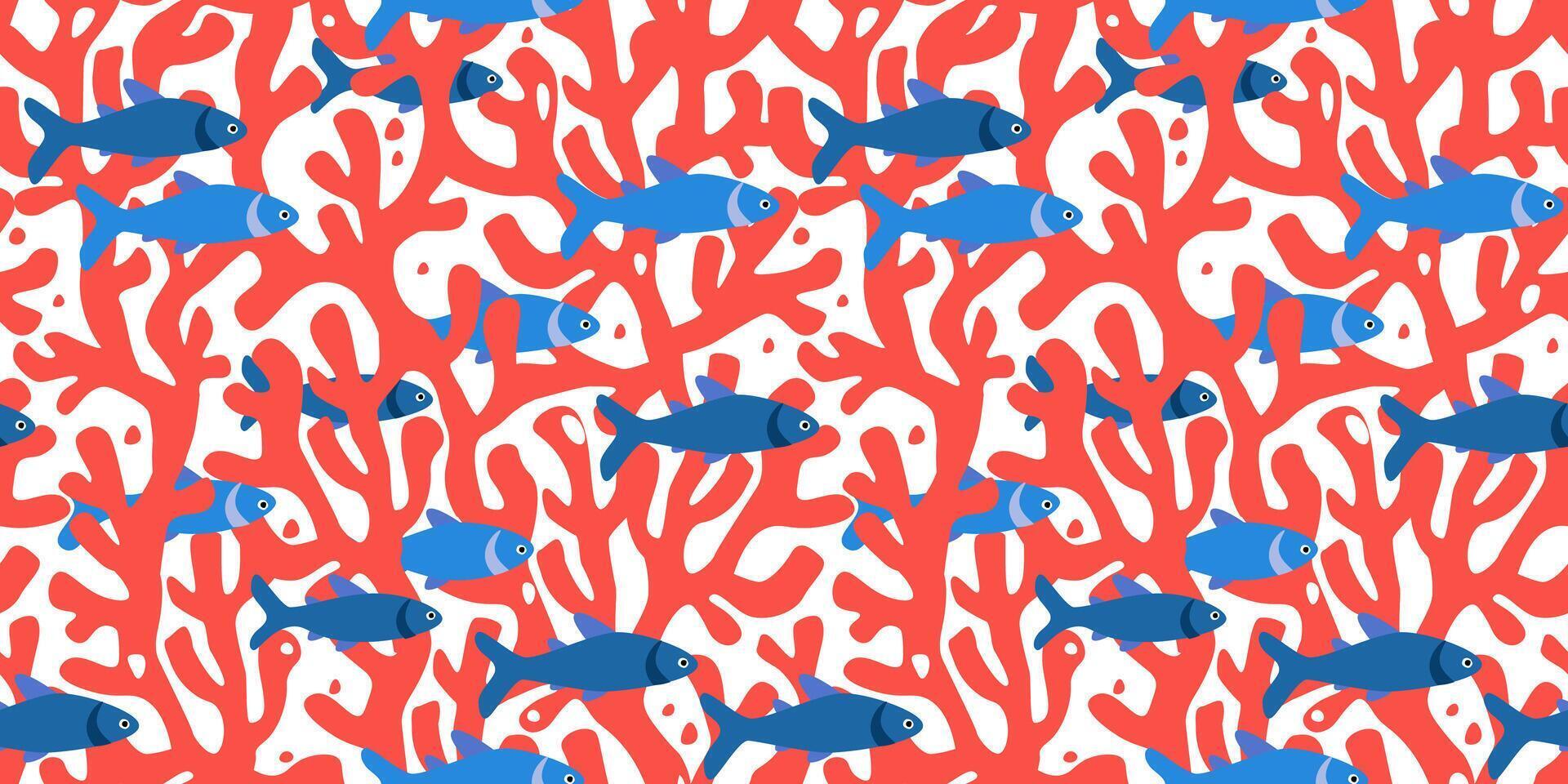 Seamless pattern with seabed. Print with fishes on a background of rich corals. vector