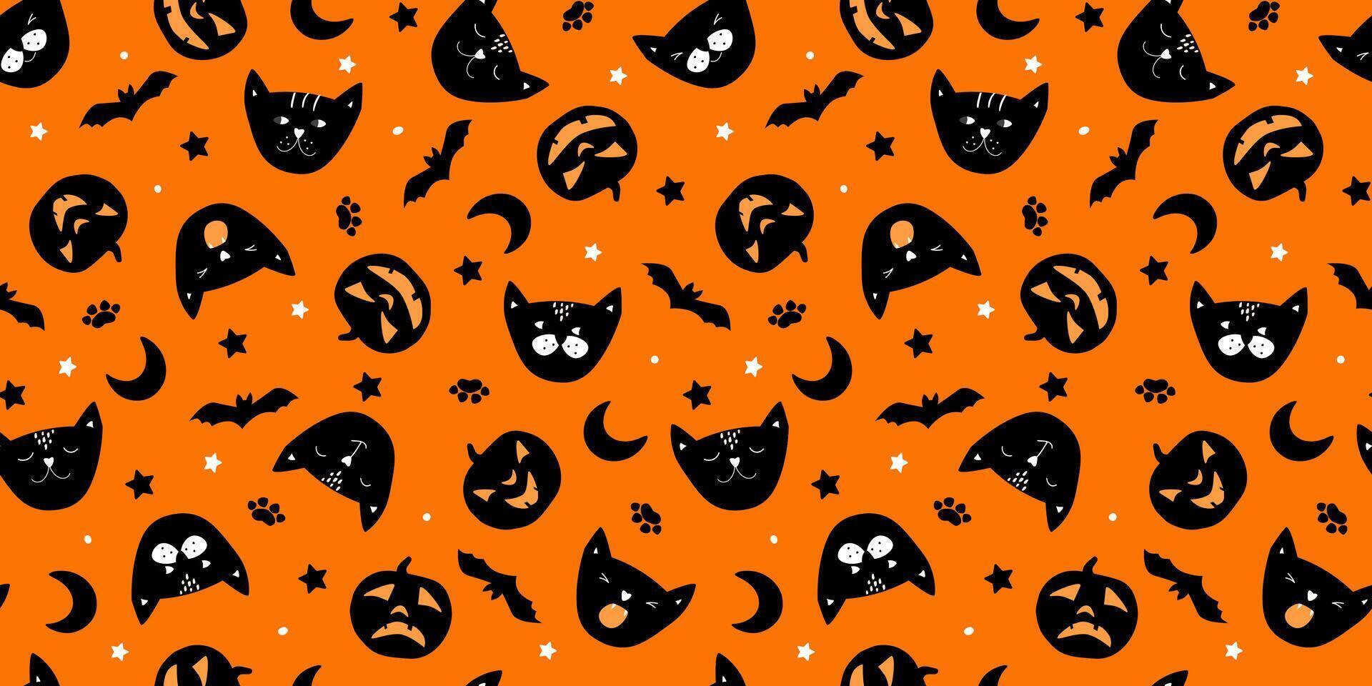 Seamless pattern with pumpkins, black cats with funny scary emotions on the background of bats, moon, stars. vector