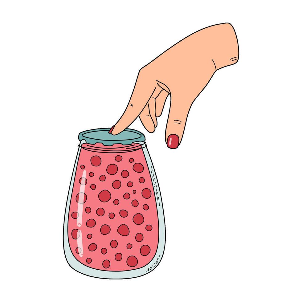 Canning process, food preservation concept. Female character is pushing on the center of lid for testing the seal. Hand drawn doodle style illustration. vector