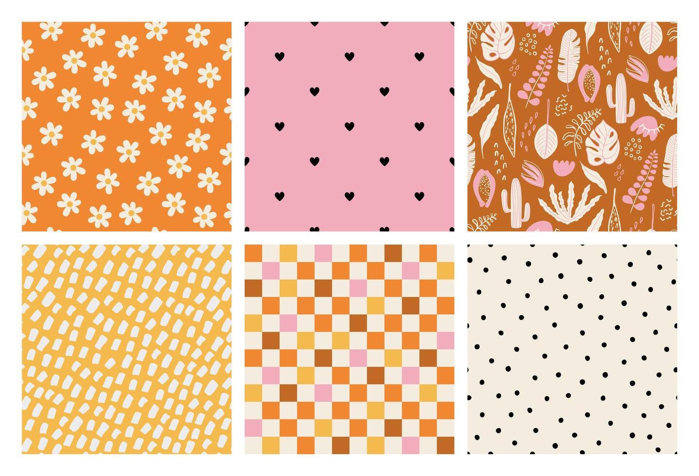 Set of cute abstract seamless patterns. Tropical, spotted, floral, checkered, heart backgrounds. Colorful prints for textile, paper, baby nursery design. Hand drawn illustrations. vector
