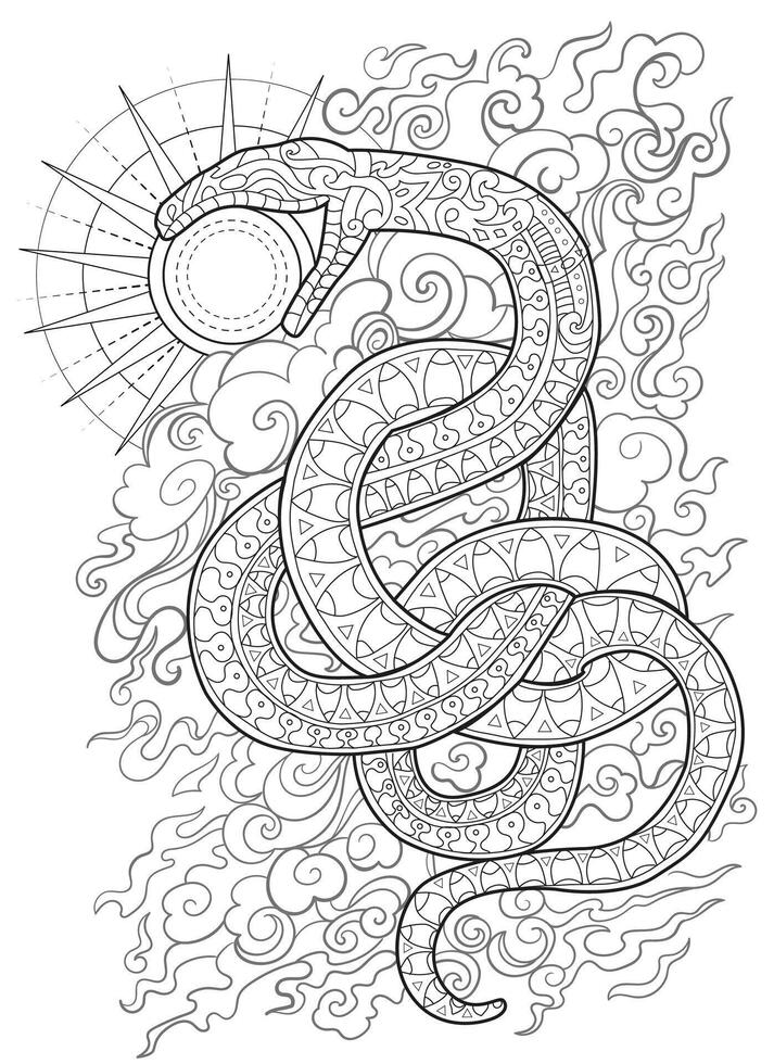 Hand drawn line art illustration with sun and snake - symbol of the year according to eastern horoscope. Graphic artwork for coloring page. Esoteric, gothic and mystic concept vector