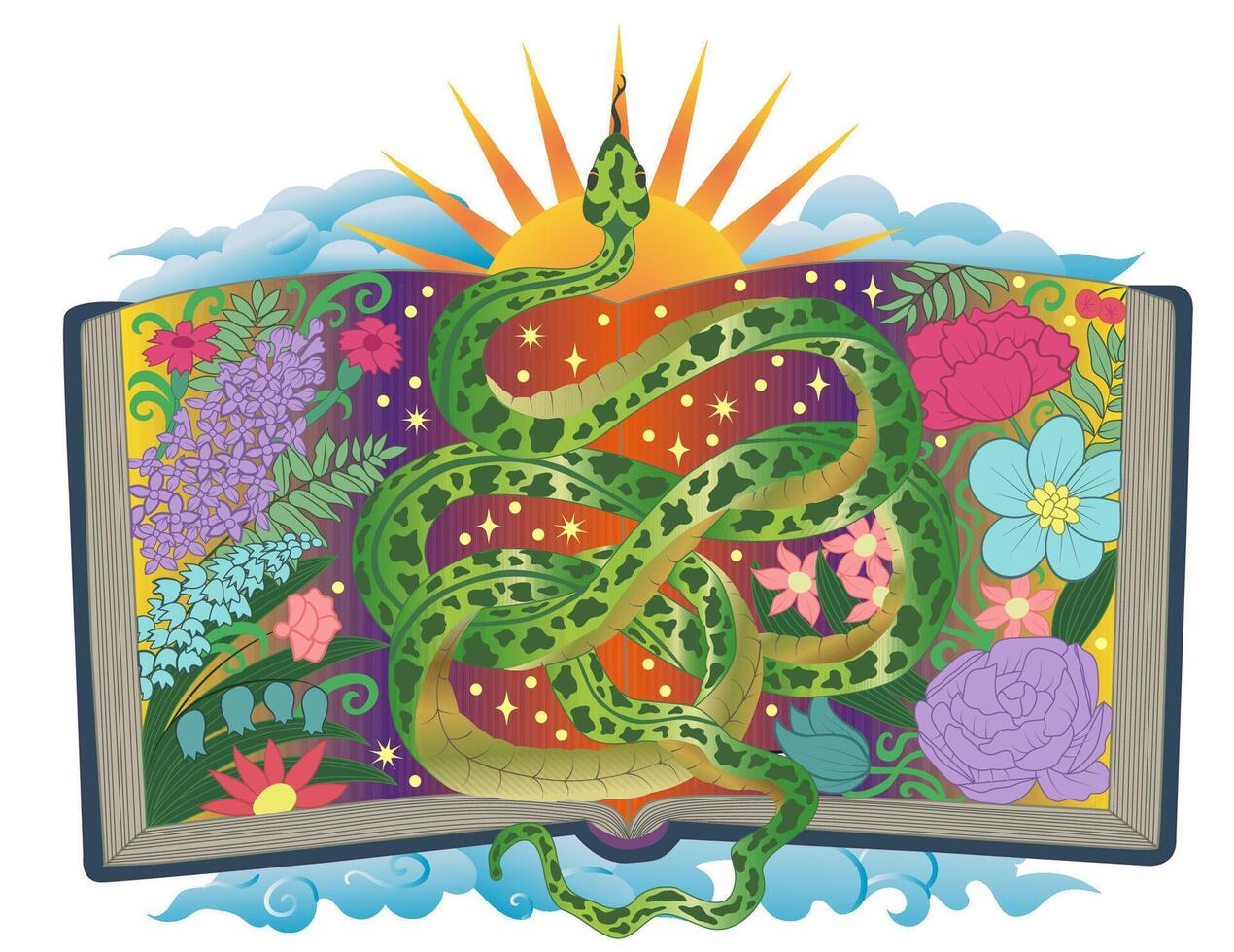 Hand drawn colorful illustration with open book, flowers and snake - symbol of the year according to eastern horoscope. Esoteric, gothic and mystic graphic artwork vector
