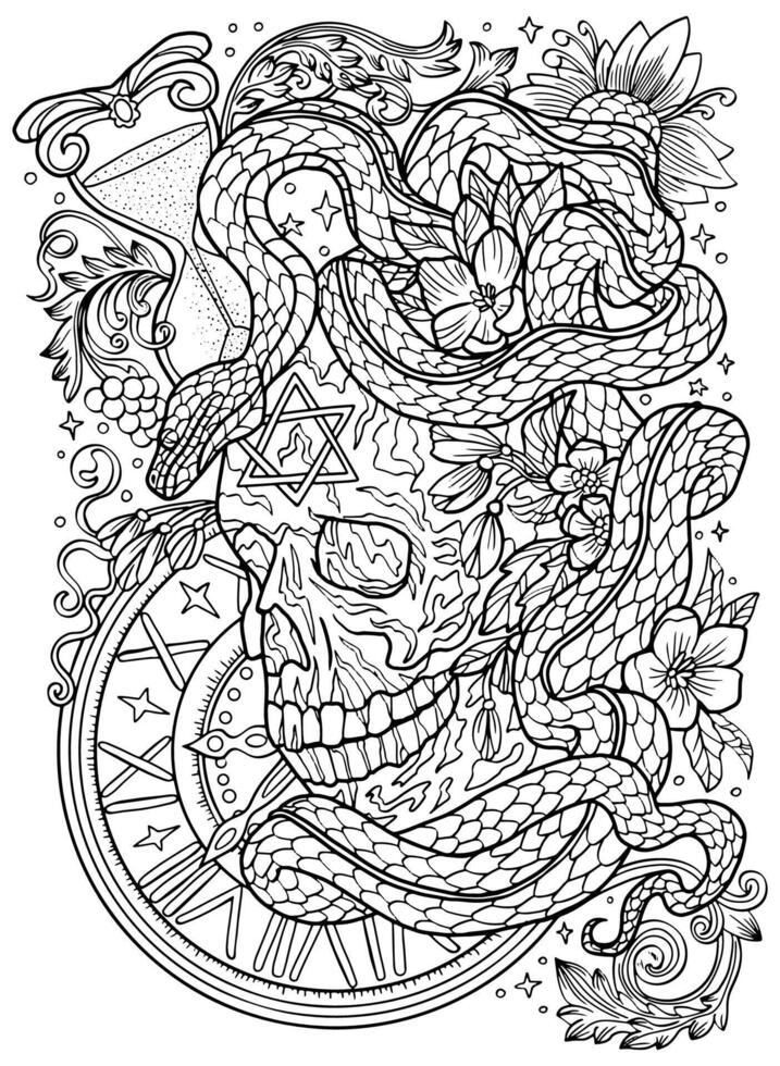 Hand drawn line art illustration with skull, old watch and snake - symbol of the year according to eastern horoscope. Graphic artwork for coloring page. Esoteric, gothic and mystic concept vector