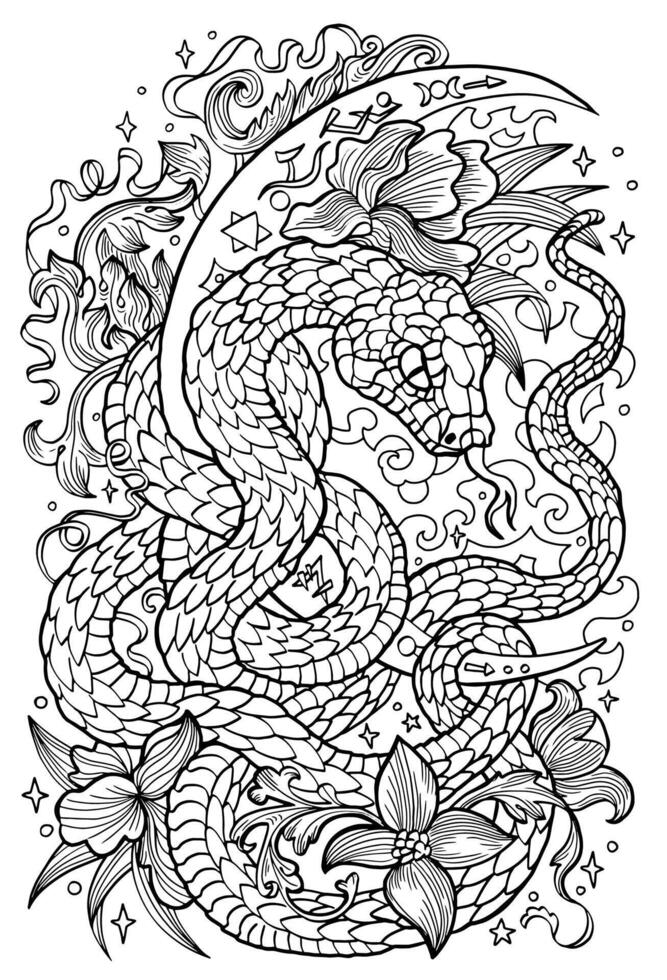Hand drawn line art illustration with moon, flowers and snake - symbol of the year according to eastern horoscope. Graphic artwork for coloring page. Esoteric, gothic and mystic concept vector