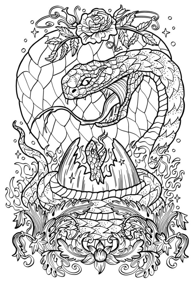 Hand drawn line art illustration with snake - symbol of the year according to eastern horoscope and her child. Loving mother. Graphic artwork for coloring page. Esoteric, gothic and mystic concept vector
