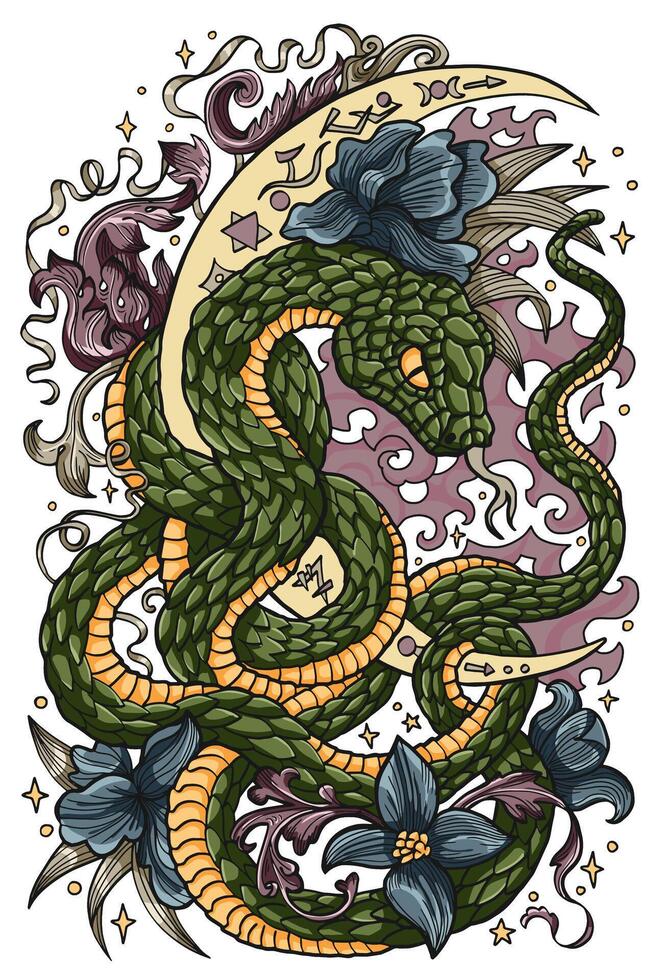 Hand drawn colorful illustration with moon, flowers and snake - symbol of the year according to eastern horoscope. Esoteric, gothic and mystic graphic artwork vector