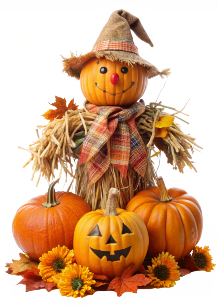 Eerie Pumpkin Scarecrow Standing in a Foggy Landscape png