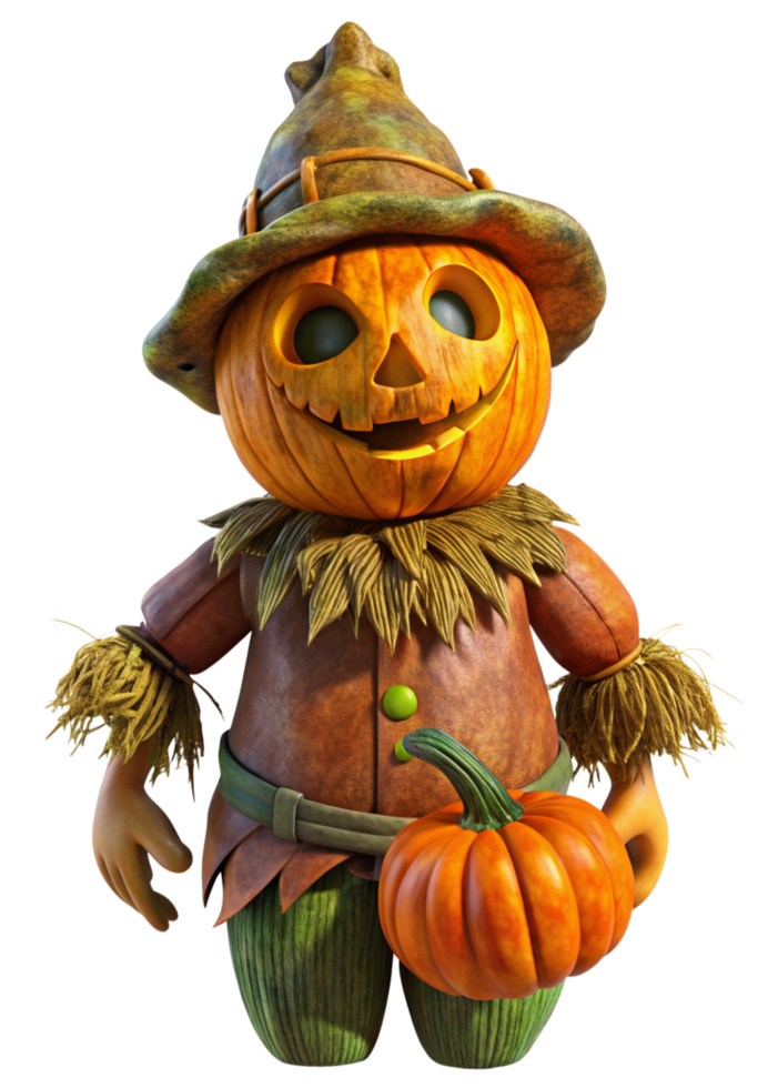 Terrifying Pumpkin Scarecrow with Glowing Eyes and Straw Body png