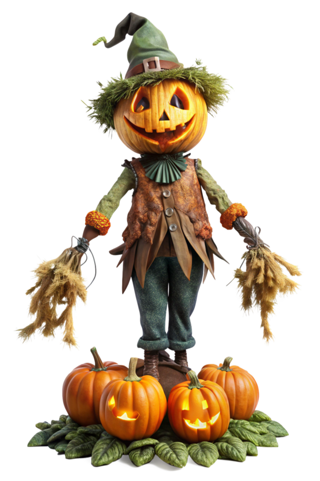 Eerie Pumpkin-Headed Scarecrow in a Foggy Field png