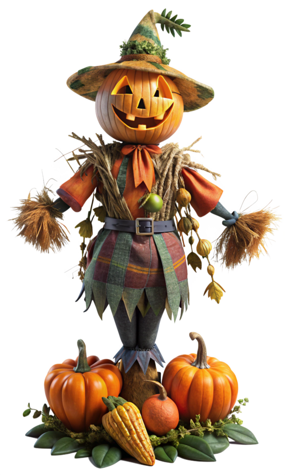 Halloween Pumpkin Scarecrow with Straw Hands and Glowing Eyes png