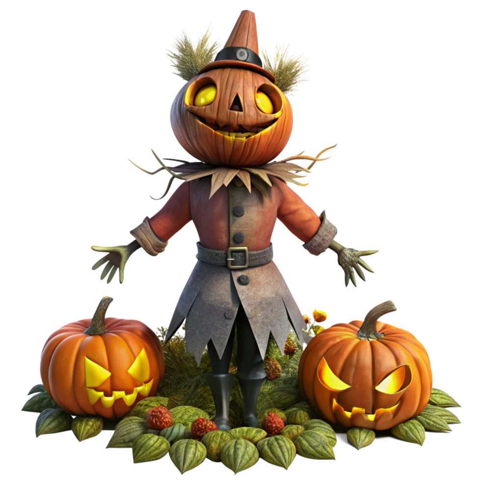 Sinister Halloween Scarecrow with a Pumpkin Head png