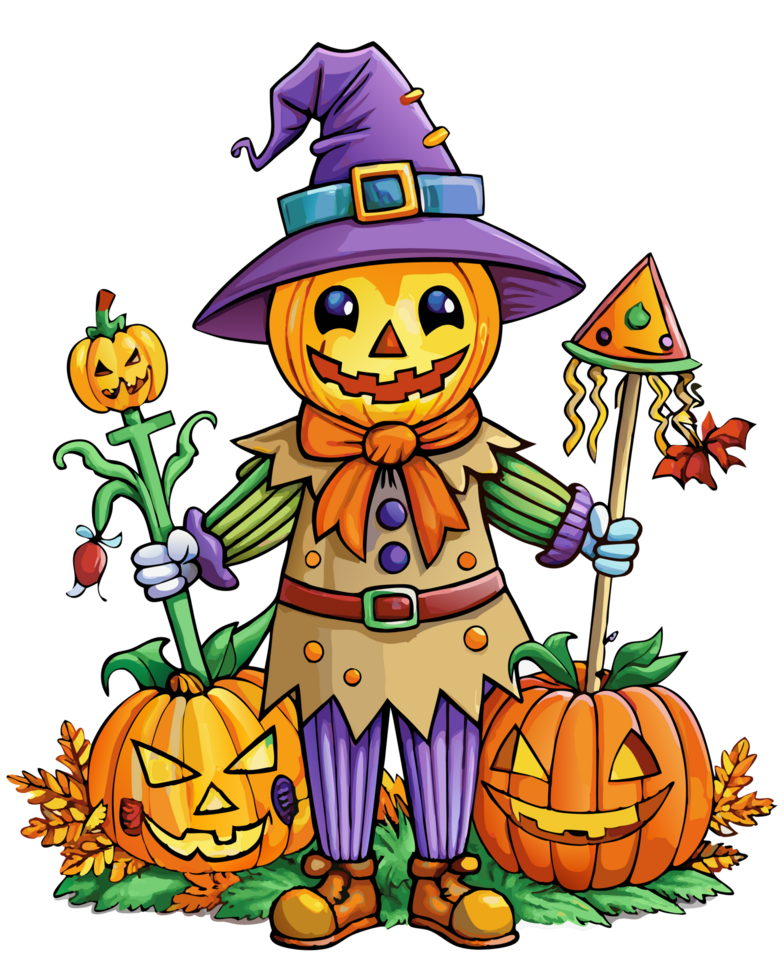 Eerie Pumpkin Scarecrow with Glowing Eyes png