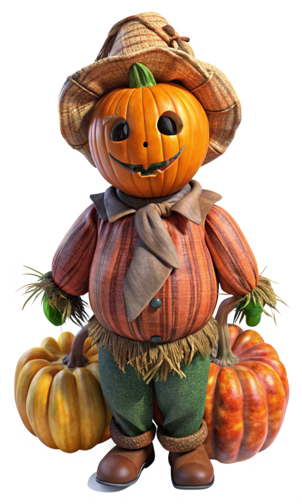 Sinister Pumpkin Scarecrow in a Foggy Landscape png