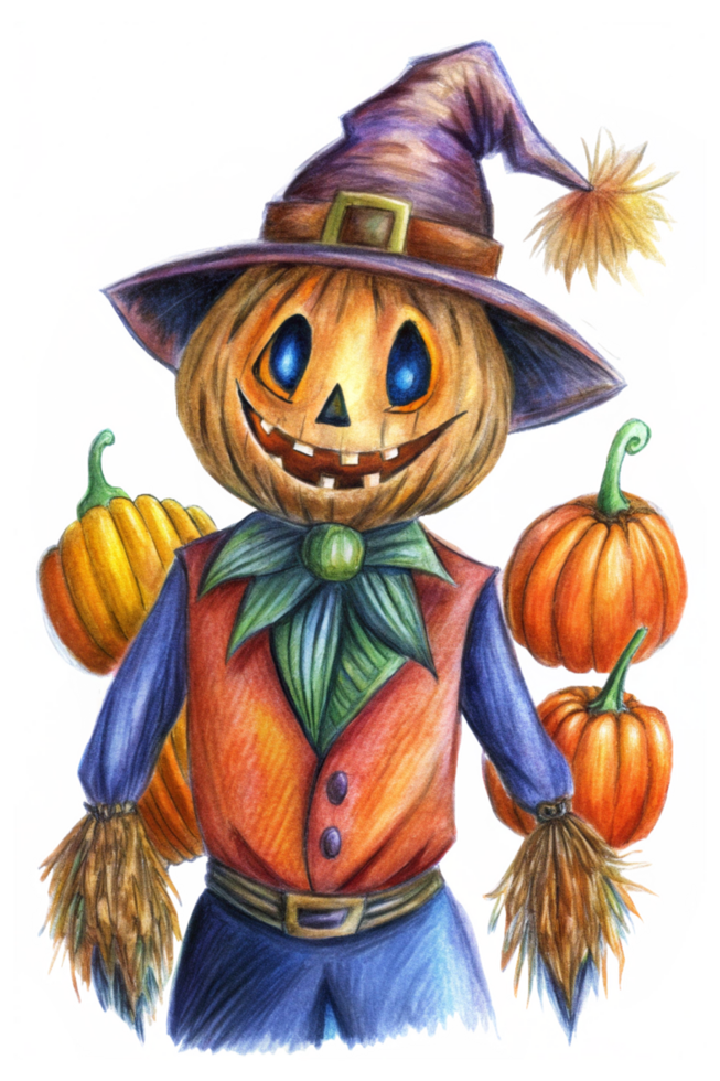 Frightening Pumpkin Scarecrow with Tattered Clothes png