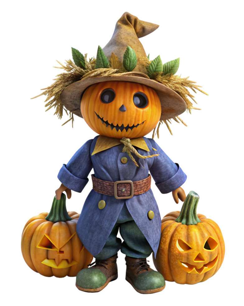 Spooky Halloween Scarecrow with a Carved Pumpkin Head png