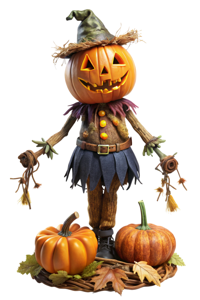 Frightening Pumpkin-Headed Scarecrow with Straw Arms png