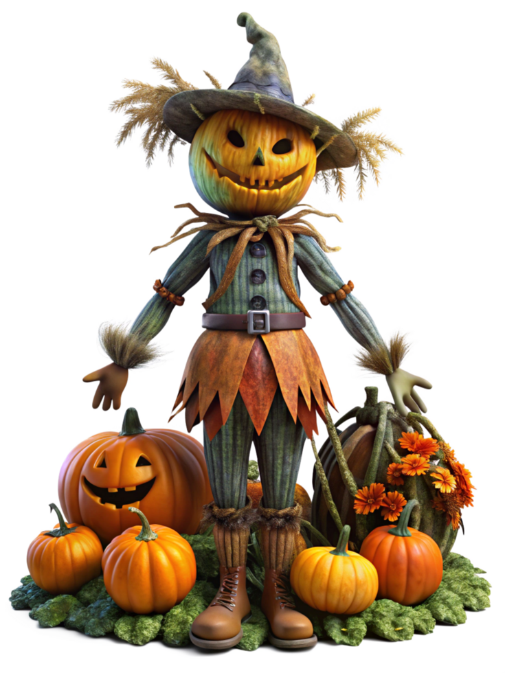 Creepy Pumpkin Scarecrow Standing in a Haunted Cornfield png