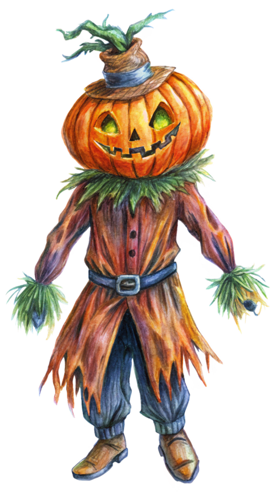 Eerie Pumpkin Scarecrow with Glowing Eyes and Straw Body png