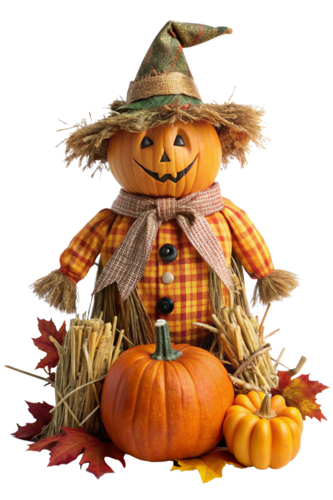 Frightening Pumpkin Scarecrow with Tattered Clothes png