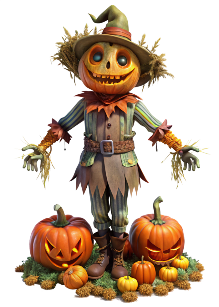Terrifying Pumpkin Scarecrow with a Glowing Smile png