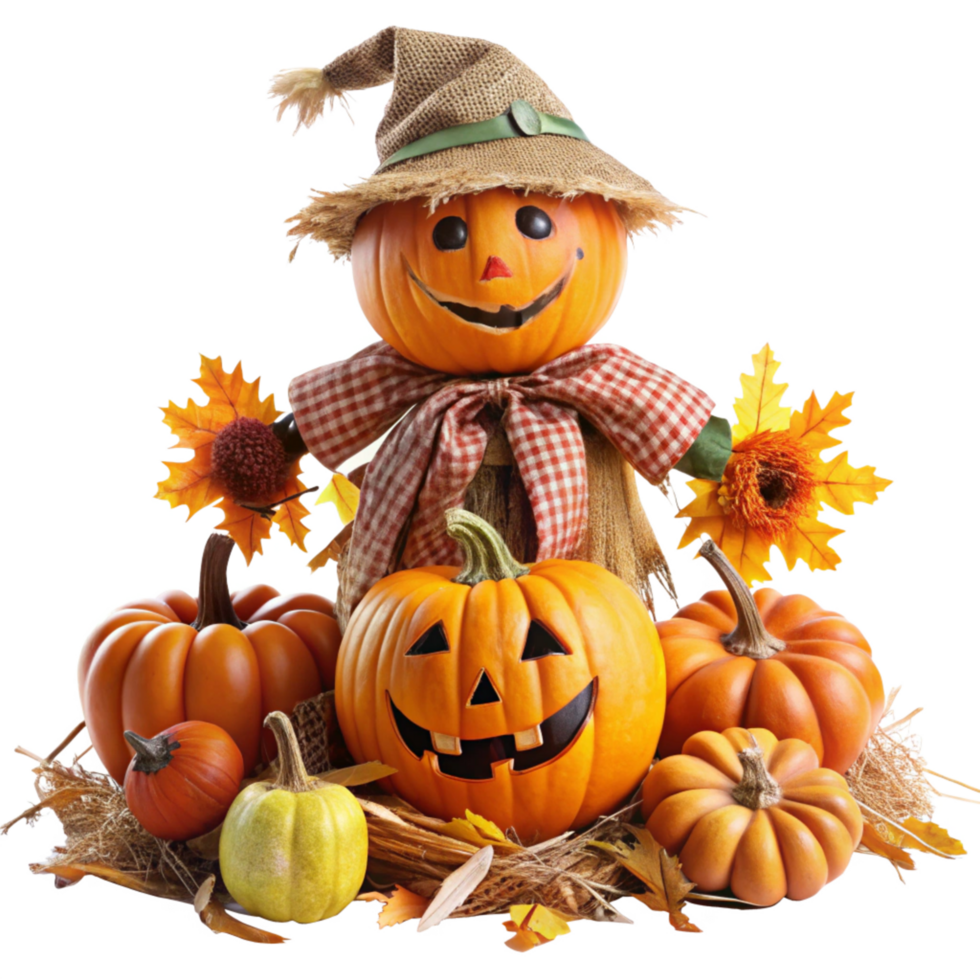 Terrifying Pumpkin-Headed Scarecrow with a Sinister Smile png