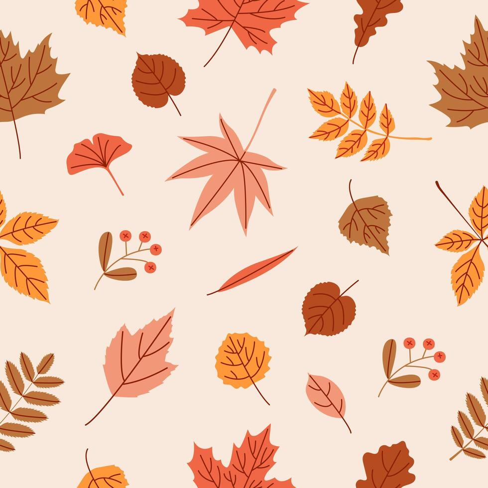 Pattern with different autumn leaves on a light background. Hello, fall. Colorful foliage print. vector