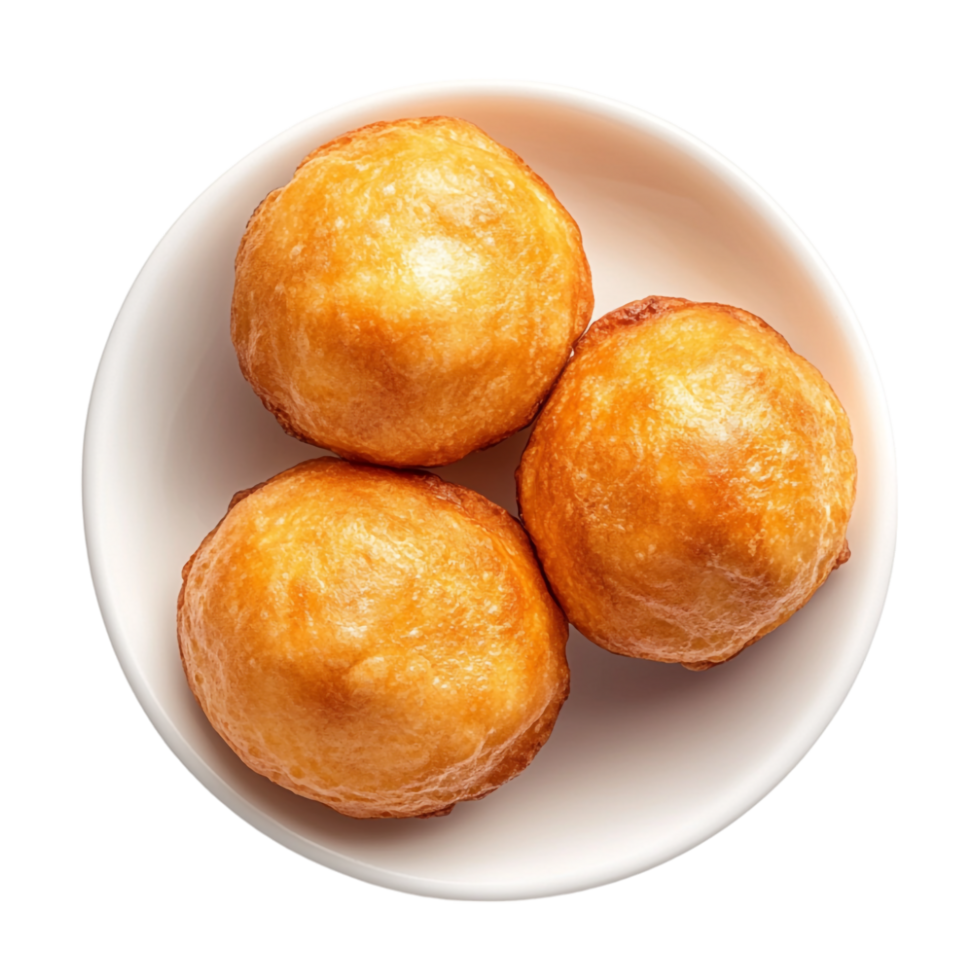 Three fried doughnuts on a white plate png